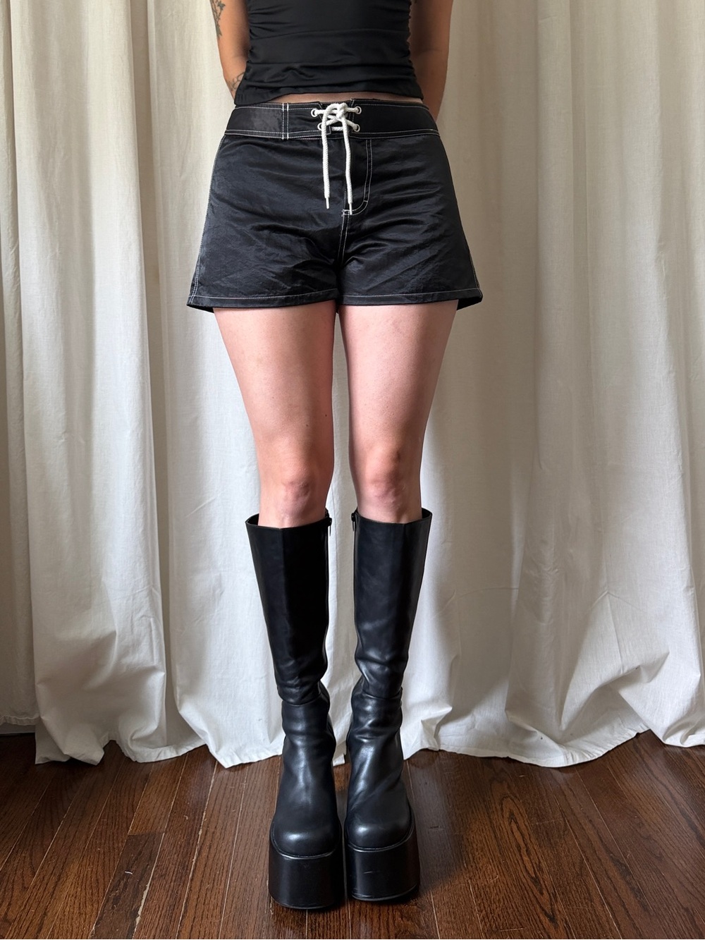 Vintage Miken Clothing Co Black Drawstring Satin Swim Shorts Women's Size 7